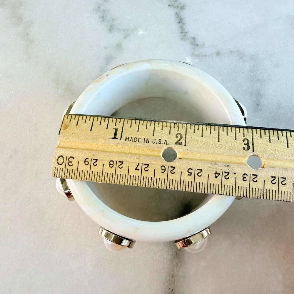 White Lucite Marble Acrylic Chunky Bangle Faux Pearl Gold Stud Cuff Statement